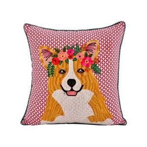 Karma Living‎ NWT Flower Crown Corgi Embroidery Pillow Dog